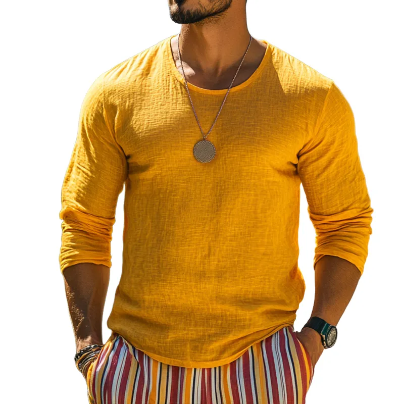 Men's Retro Casual Solid Color Linen Round Neck Long Sleeve Shirt 89246210TO sold by Manly