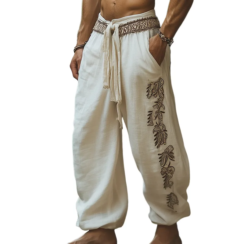 Men's Retro Casual Bohemian Embroidered Linen Trousers 99823662TO sold by Manly