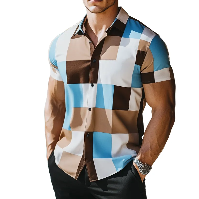 Men's Retro Casual Geometric Print Lapel Short Sleeve Shirt 50672619TO sold by Manly