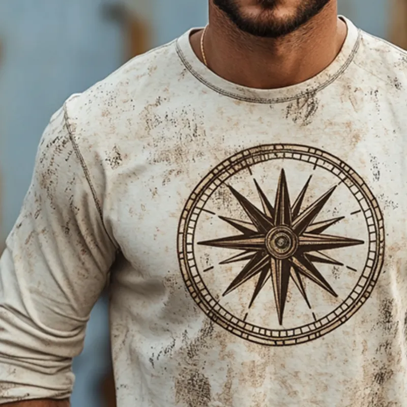 Men's Retro Casual Nautical Compass Printed Round Neck Long Sleeve T-Shirt 35636654TO sold by Manly product image thumbnail 3