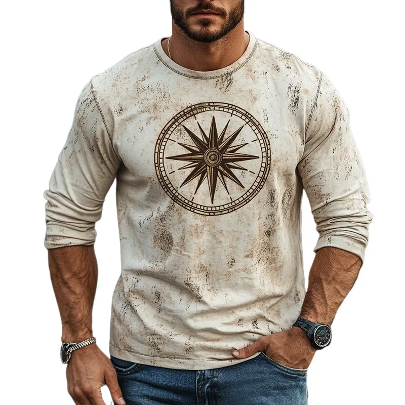 Men's Retro Casual Nautical Compass Printed Round Neck Long Sleeve T-Shirt 35636654TO sold by Manly