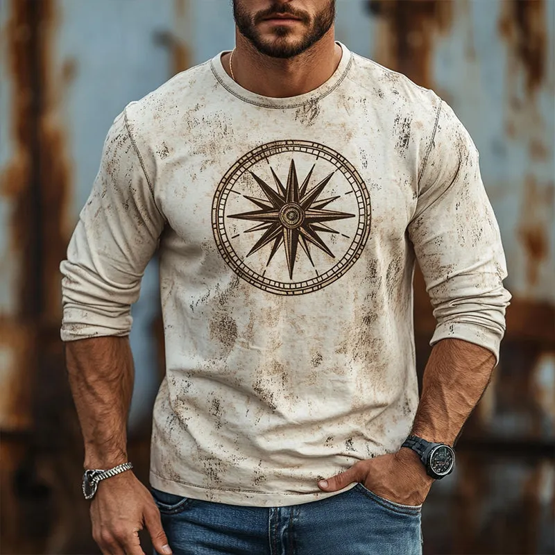 Men's Retro Casual Nautical Compass Printed Round Neck Long Sleeve T-Shirt 35636654TO sold by Manly product image thumbnail 2