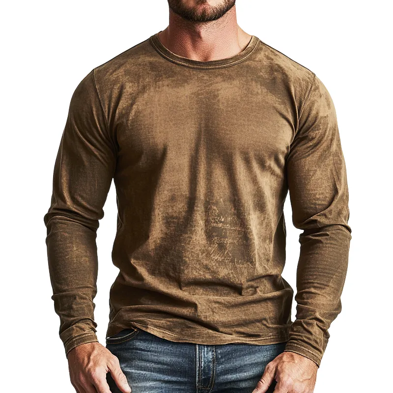 Men's Retro Casual Distressed Printed Round Neck Long Sleeve T-Shirt 51679099TO sold by Manly