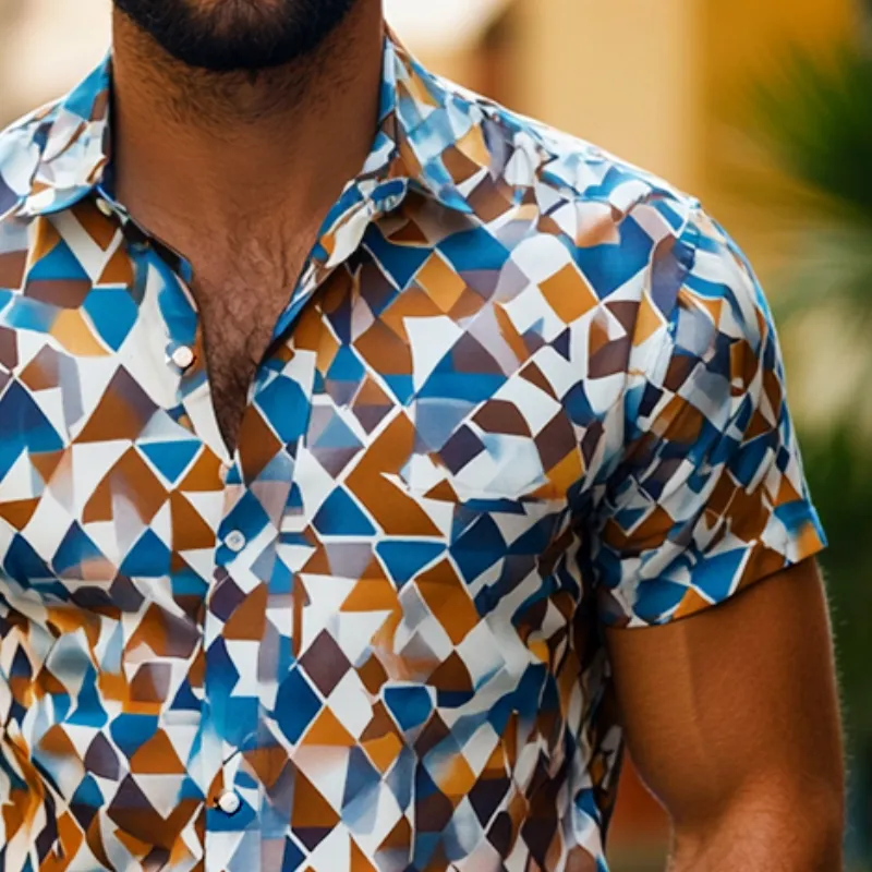 Men's Retro Casual Geometric Print Lapel Short Sleeve Shirt 18032570TO sold by Manly product image thumbnail 3
