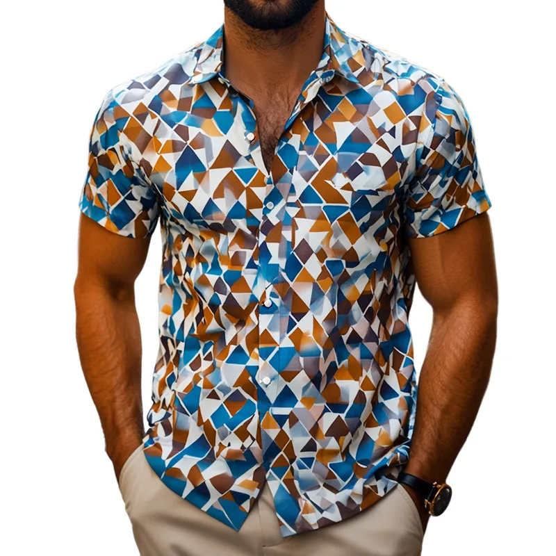 Men's Retro Casual Geometric Print Lapel Short Sleeve Shirt 18032570TO sold by Manly