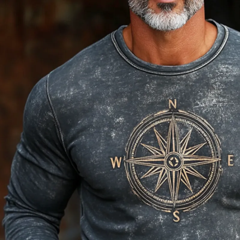 Men's Retro Casual Nautical Compass Printed Round Neck Long Sleeve T-Shirt 24560921TO sold by Manly product image thumbnail 3