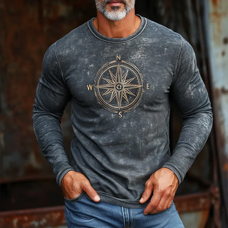 Men's Retro Casual Nautical Compass Printed Round Neck Long Sleeve T-Shirt 24560921TO sold by Manly product image thumbnail 2