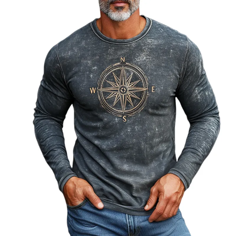 Men's Retro Casual Nautical Compass Printed Round Neck Long Sleeve T-Shirt 24560921TO sold by Manly