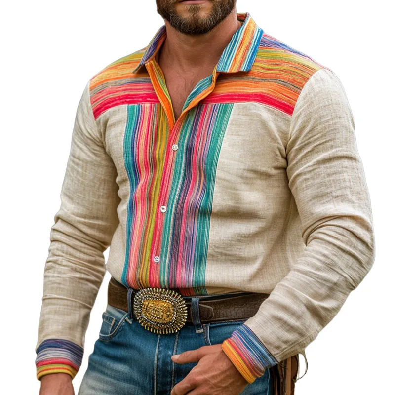 Men's Retro Casual Western Cowboy Stripe Printed Linen Lapel Pocket Shirt 48517844TO sold by Manly