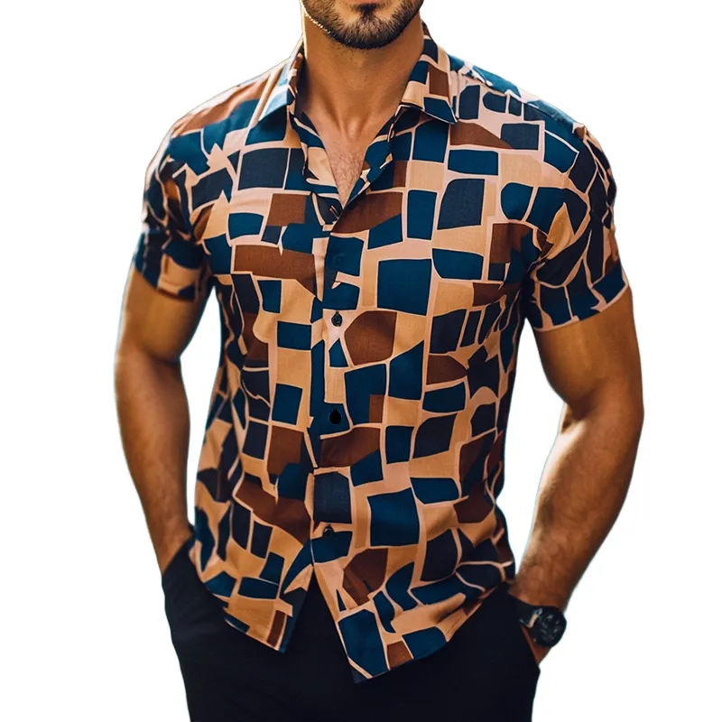 Men's Retro Casual Geometric Print Lapel Short Sleeve Shirt 46700321TO sold by Manly