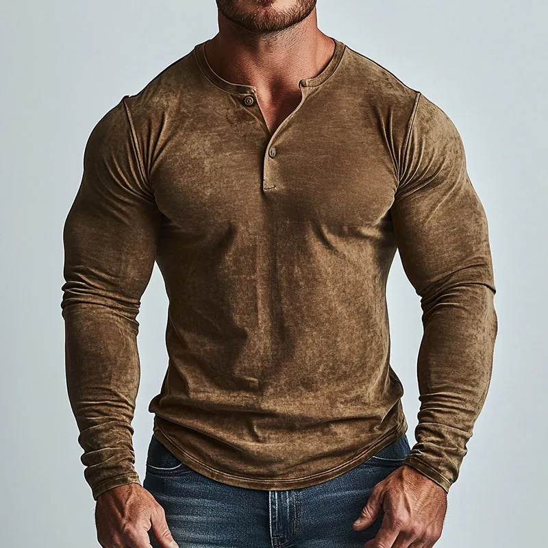 Men's Vintage Casual Distressed Printed Henley Collar Long Sleeve T-Shirt 75913365TO sold by Manly product image thumbnail 2