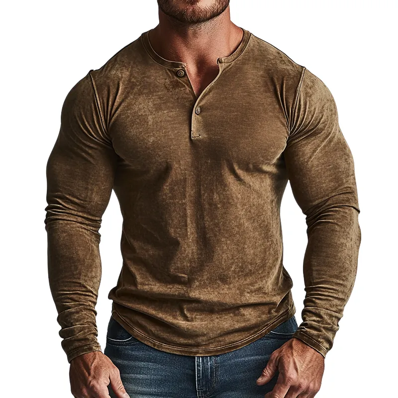 Men's Vintage Casual Distressed Printed Henley Collar Long Sleeve T-Shirt 75913365TO sold by Manly