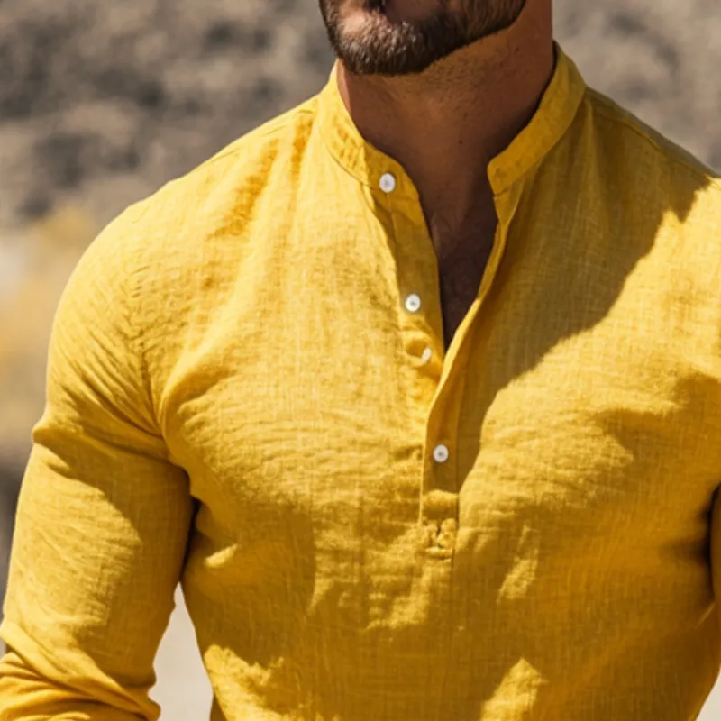 Men's Retro Casual Solid Color Linen Stand Collar Long Sleeve Shirt 42477767TO sold by Manly product image thumbnail 3