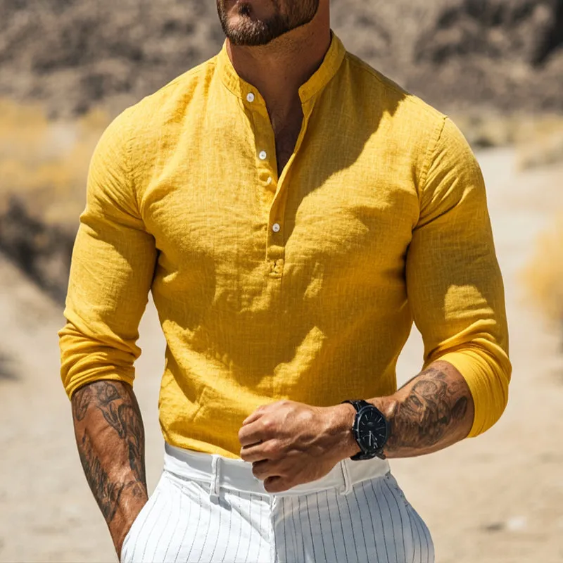 Men's Retro Casual Solid Color Linen Stand Collar Long Sleeve Shirt 42477767TO sold by Manly product image thumbnail 2