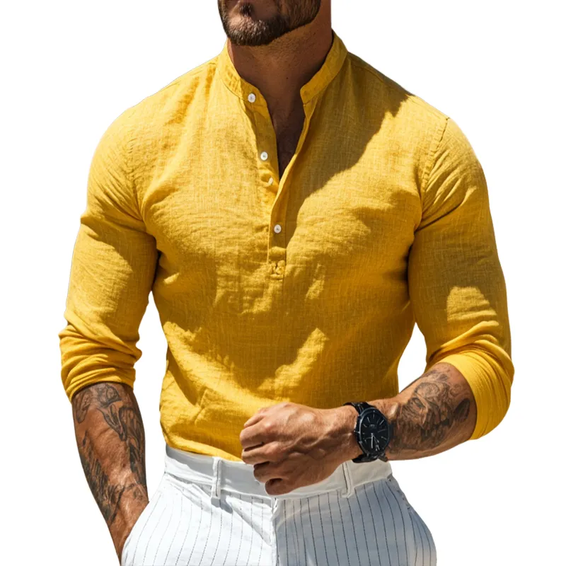 Men's Retro Casual Solid Color Linen Stand Collar Long Sleeve Shirt 42477767TO sold by Manly
