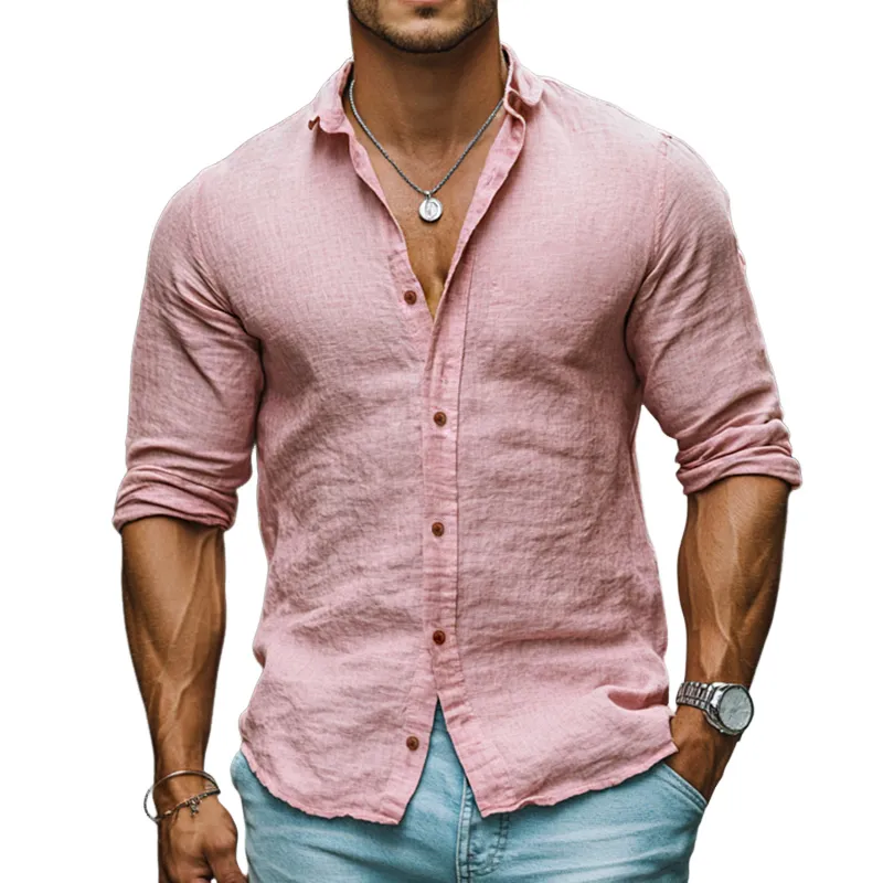 Men's Retro Casual Solid Color Linen Lapel Long Sleeve Shirt 15935127TO sold by Manly