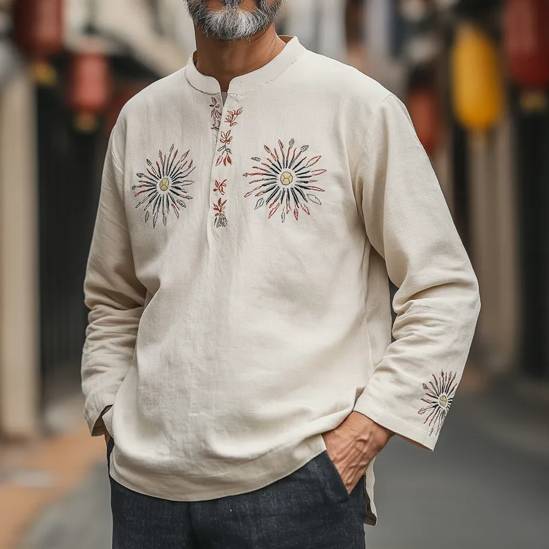 Men's Vintage Casual Cotton and Linen Blended Embroidered V-Neck Long Sleeve T-Shirt 43883227F sold by Manly product image thumbnail 2