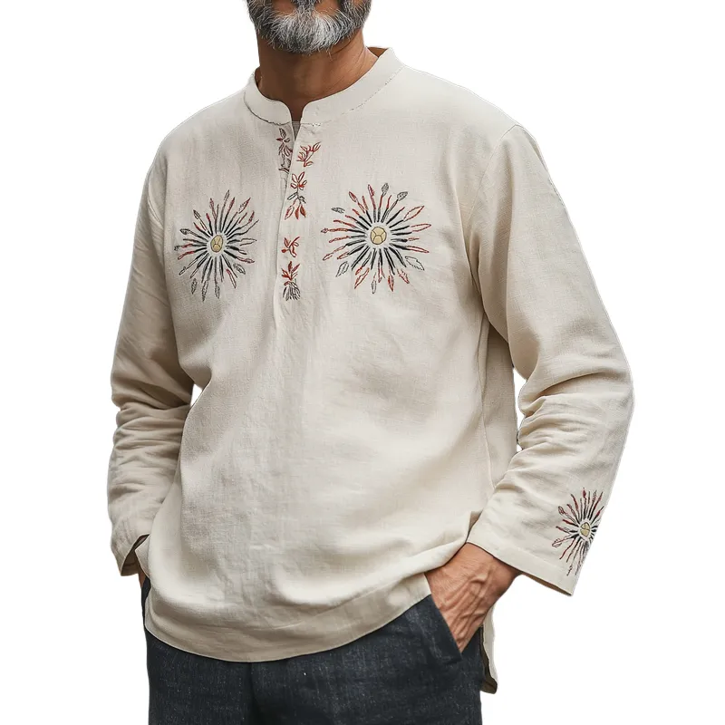 Men's Vintage Casual Cotton and Linen Blended Embroidered V-Neck Long Sleeve T-Shirt 43883227F sold by Manly