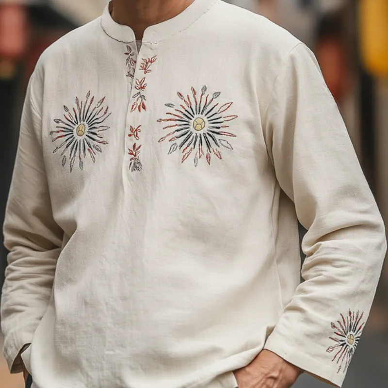 Men's Vintage Casual Cotton and Linen Blended Embroidered V-Neck Long Sleeve T-Shirt 43883227F sold by Manly product image thumbnail 3