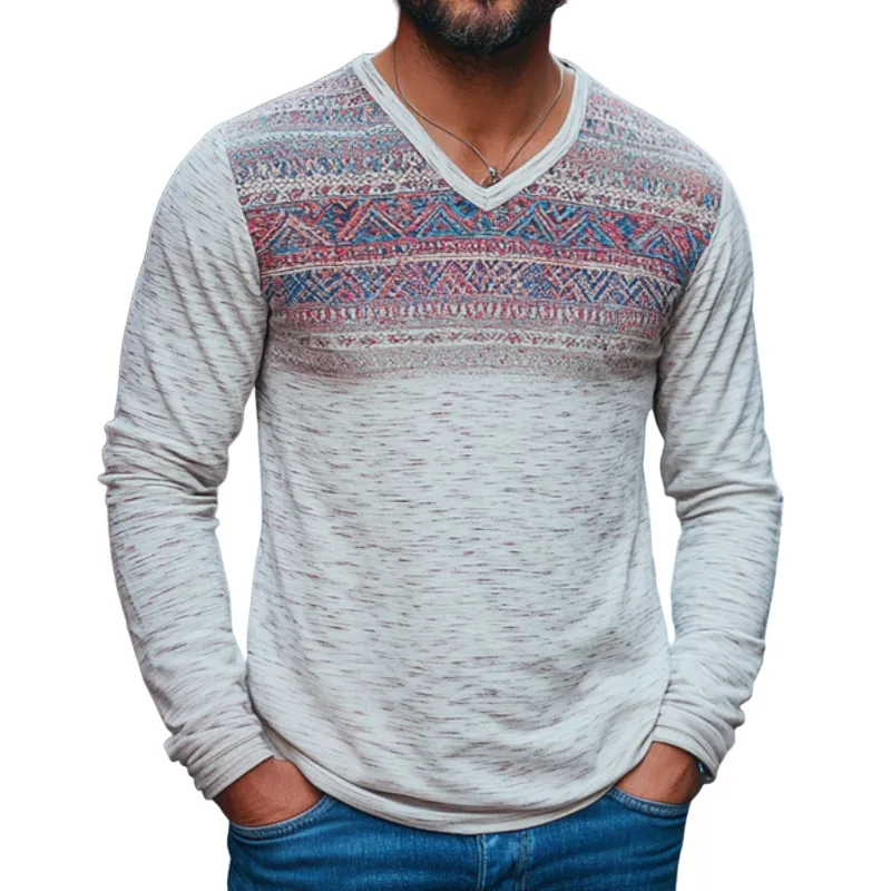 Men's Vintage Casual Cotton Blended Digital Printed V-Neck Long Sleeve T-Shirt 10910381F sold by Manly