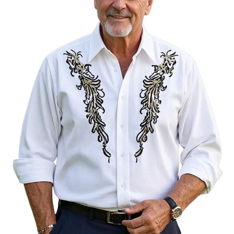 Men's Vintage Classic Lapel Cotton Blend Embroidered Long Sleeve Shirt 77445995F sold by Manly