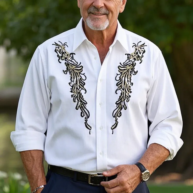 Men's Vintage Classic Lapel Cotton Blend Embroidered Long Sleeve Shirt 77445995F sold by Manly product image thumbnail 2