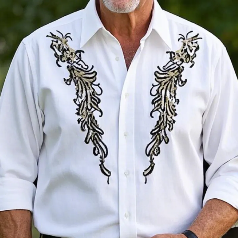 Men's Vintage Classic Lapel Cotton Blend Embroidered Long Sleeve Shirt 77445995F sold by Manly product image thumbnail 3