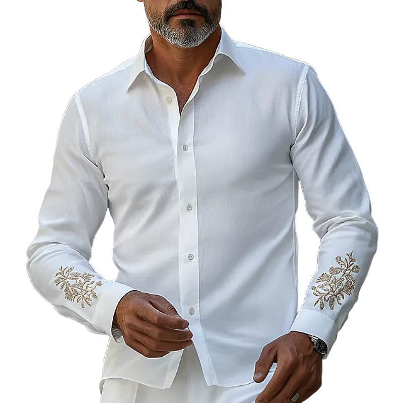 Men's Vintage Classic Lapel Cotton Blend Embroidered Long Sleeve Shirt 60785678F sold by Manly