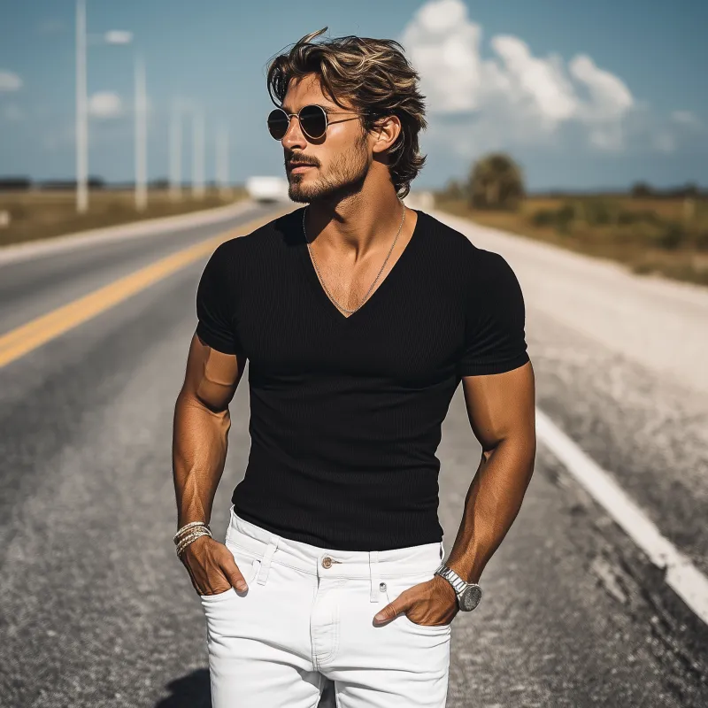 Men's Classic Casual Skin-friendly Ribbed Slim Fit V-neck T-shirt 67033277K sold by Manly product image thumbnail 2