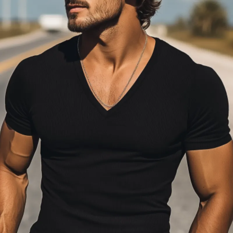 Men's Classic Casual Skin-friendly Ribbed Slim Fit V-neck T-shirt 67033277K sold by Manly product image thumbnail 4