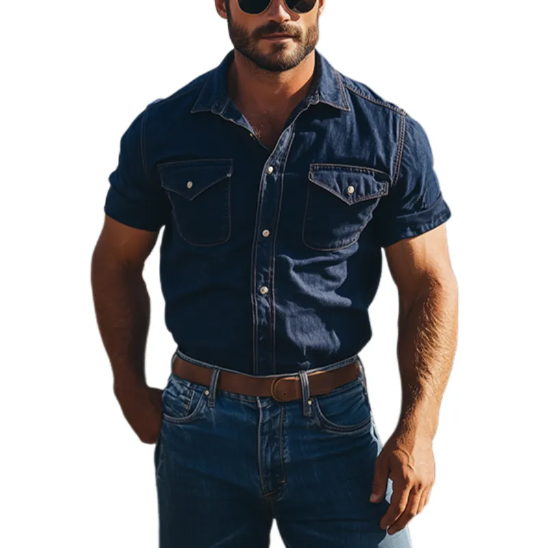 Men's Retro Western Style Casual Denim Short Sleeve Shirt 80927250K sold by Manly