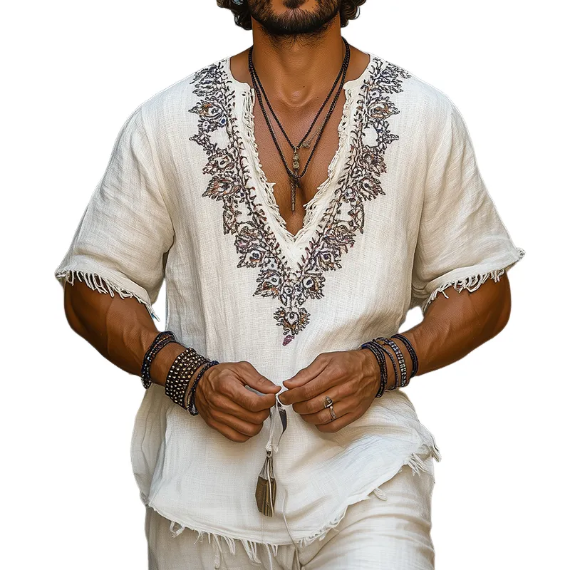 Men's Retro Casual Embroidered Linen V-Neck Short Sleeve Shirt 07420390TO sold by Manly
