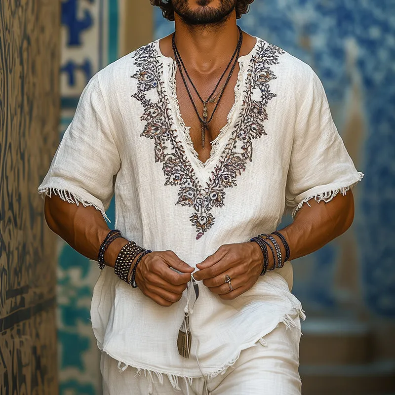 Men's Retro Casual Embroidered Linen V-Neck Short Sleeve Shirt 07420390TO sold by Manly product image thumbnail 2