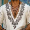 Men's Retro Casual Embroidered Linen V-Neck Short Sleeve Shirt 07420390TO sold by Manly