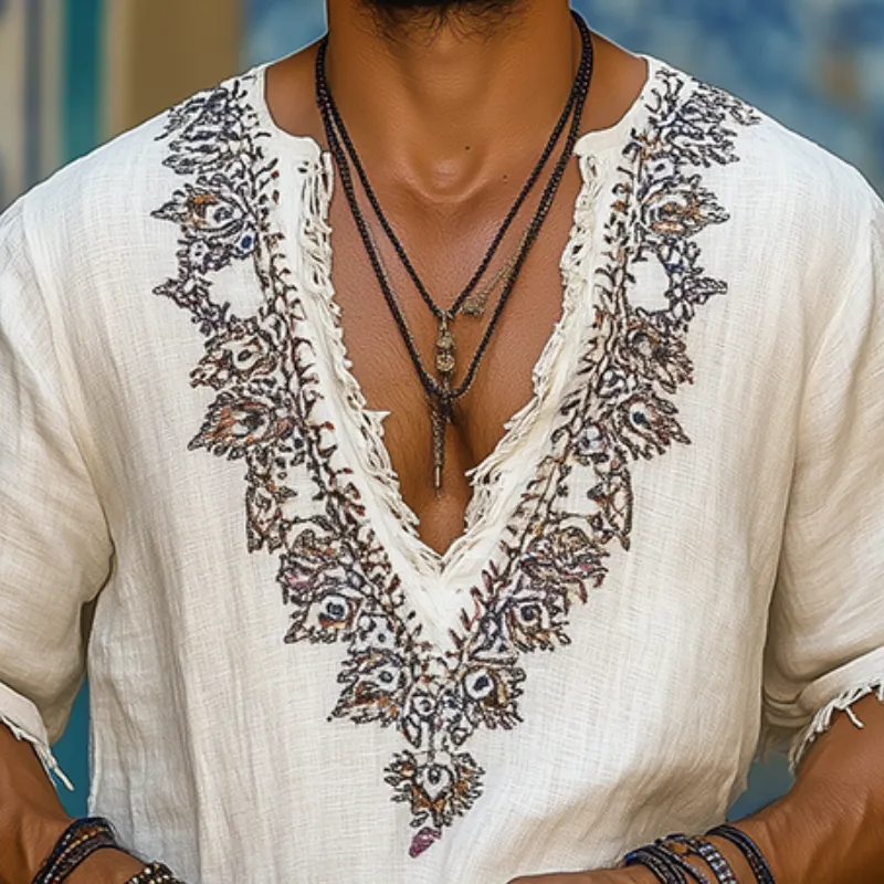Men's Retro Casual Embroidered Linen V-Neck Short Sleeve Shirt 07420390TO sold by Manly product image thumbnail 3