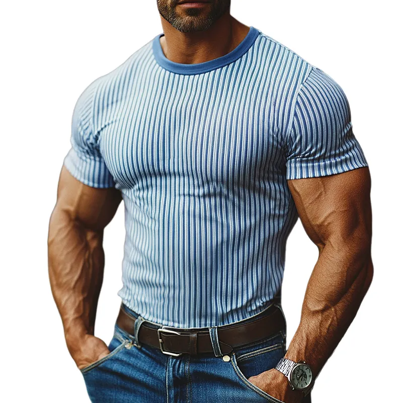 Men's Retro Casual Striped Printed Round Neck Short Sleeve T-Shirt 36064563TO sold by Manly