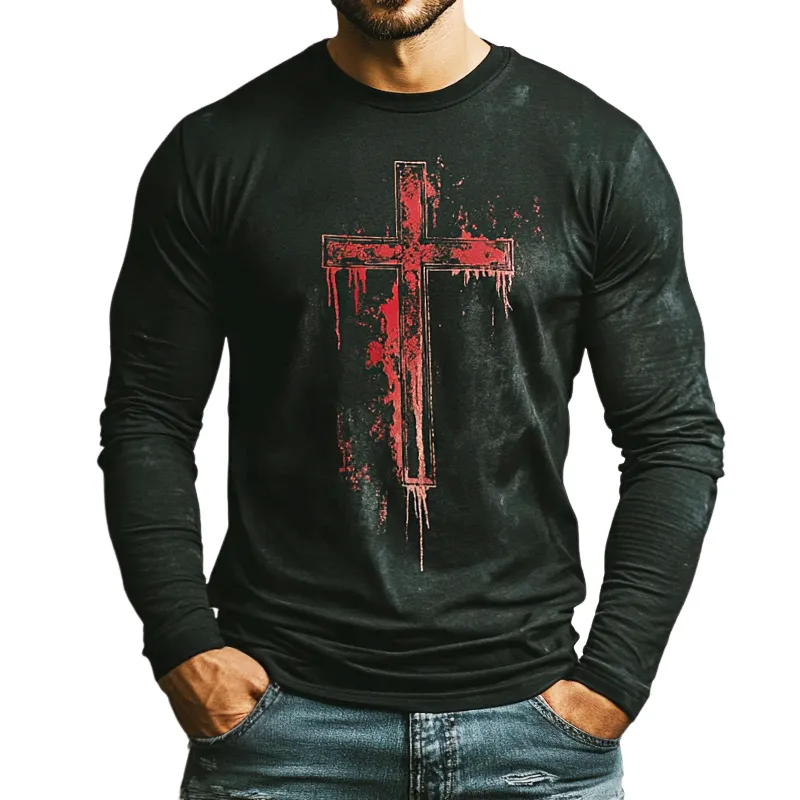 Men's Retro Casual Cross Printed Round Neck Long Sleeve T-Shirt 18428739TO sold by Manly