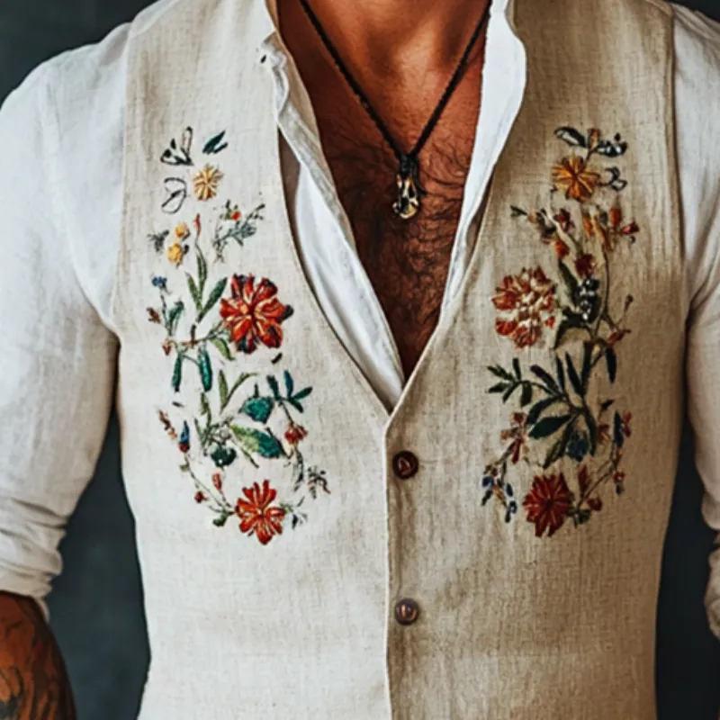 Men's Vintage Casual Floral Embroidery Linen Button Vest 14733446TO sold by Manly product image thumbnail 3