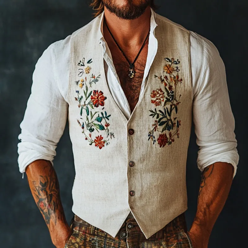 Men's Vintage Casual Floral Embroidery Linen Button Vest 14733446TO sold by Manly product image thumbnail 2