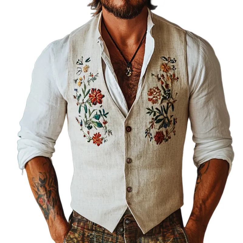 Men's Vintage Casual Floral Embroidery Linen Button Vest 14733446TO sold by Manly