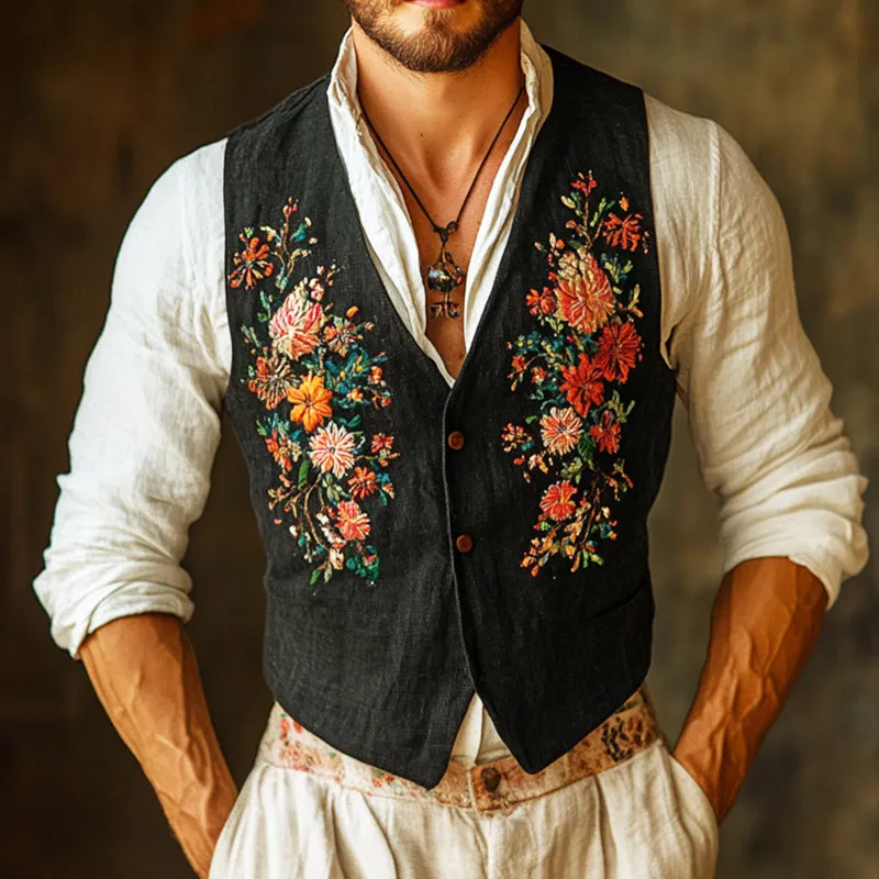 Men's Vintage Casual Floral Embroidery Linen Button Vest 20667623TO sold by Manly product image thumbnail 2