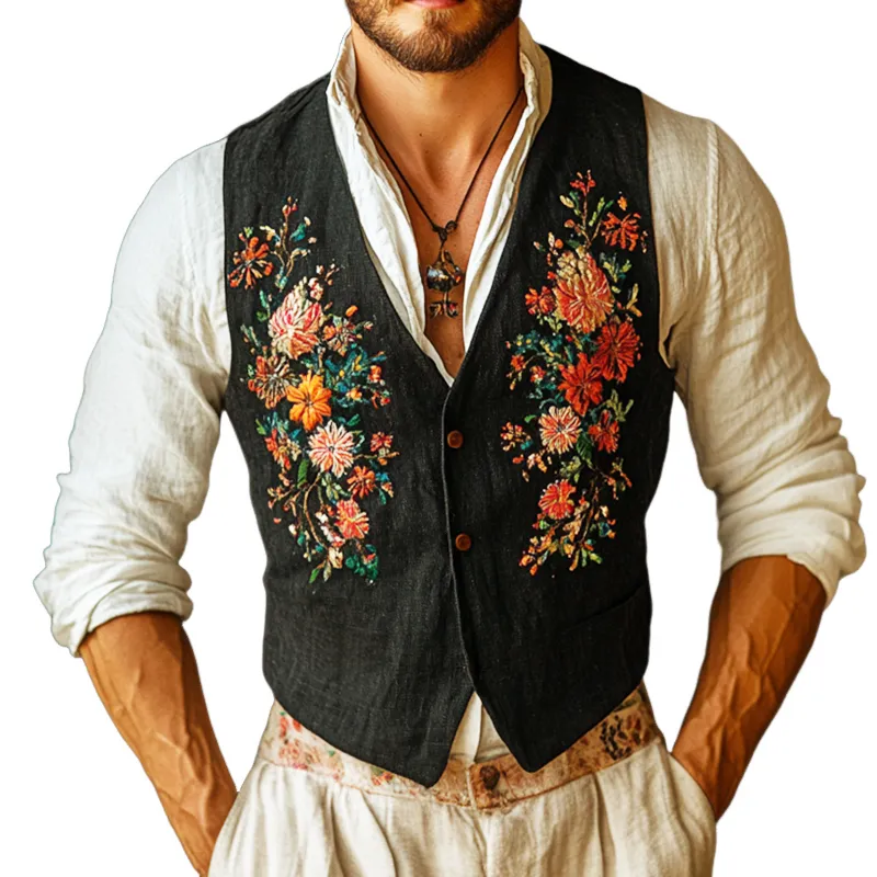 Men's Vintage Casual Floral Embroidery Linen Button Vest 20667623TO sold by Manly