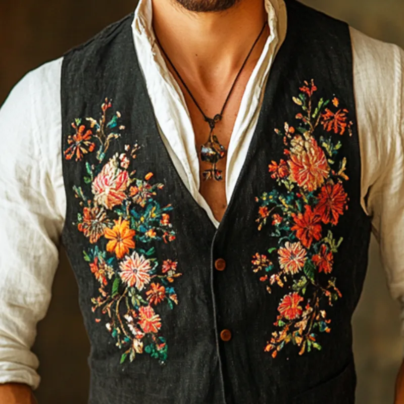 Men's Vintage Casual Floral Embroidery Linen Button Vest 20667623TO sold by Manly product image thumbnail 3