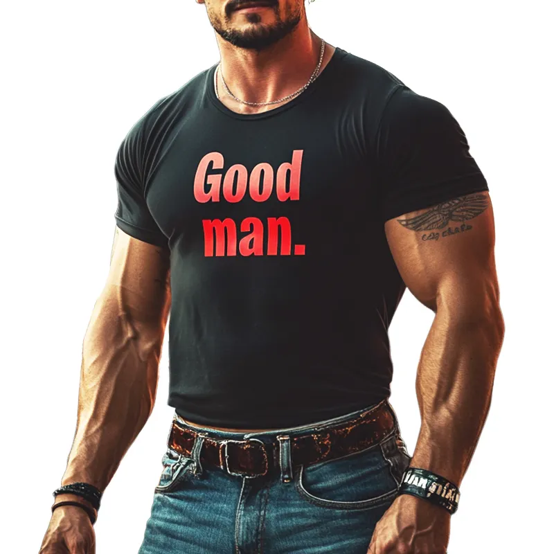Men's Retro Casual "Good Man" Printed Round Neck Short Sleeve T-shirt 39302082TO made by Manly