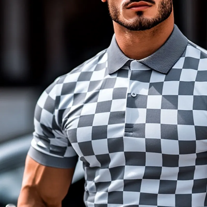 Men's Retro Casual Checkerboard Print Short-sleeved Polo Shirt 67049984TO sold by Manly product image thumbnail 3