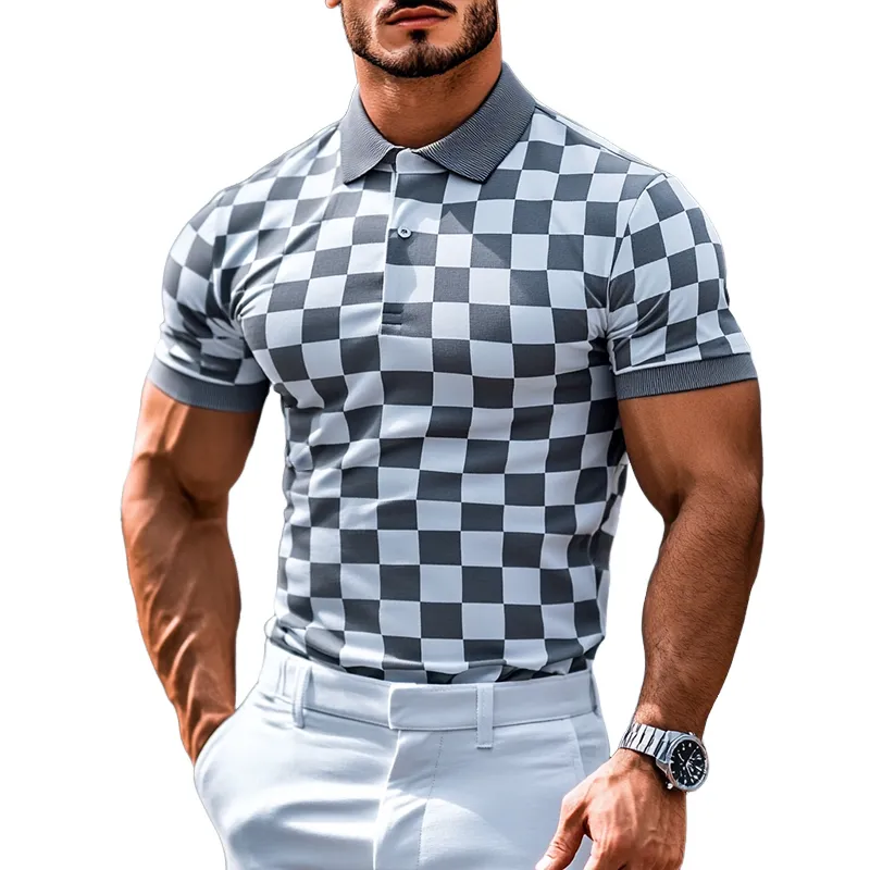 Men's Retro Casual Checkerboard Print Short-sleeved Polo Shirt 67049984TO sold by Manly