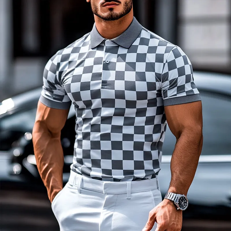 Men's Retro Casual Checkerboard Print Short-sleeved Polo Shirt 67049984TO sold by Manly product image thumbnail 2