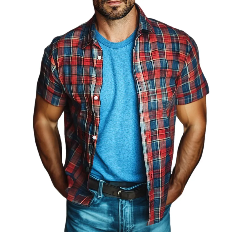 Men's Retro Casual Plaid Print Lapel Short Sleeve Shirt 08160006TO sold by Manly