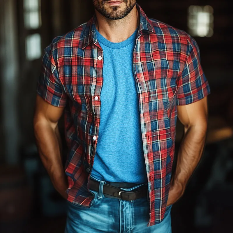 Men's Retro Casual Plaid Print Lapel Short Sleeve Shirt 08160006TO sold by Manly product image thumbnail 2