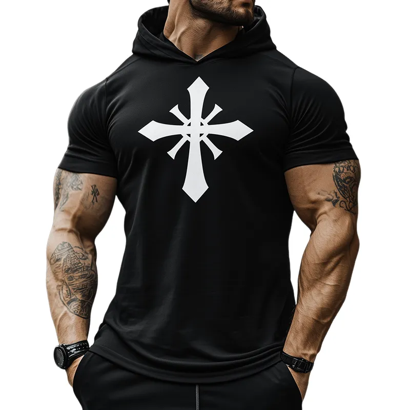 Men's Retro Casual Cross Printed Hooded Short Sleeve T-Shirt 57980948TO sold by Manly